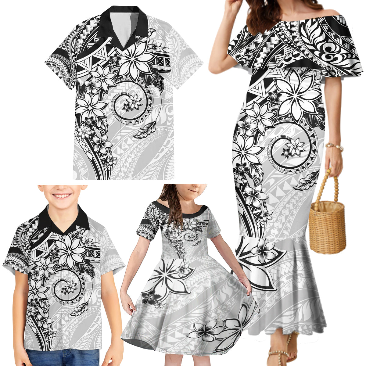 Polynesian Pattern With Plumeria Flowers Family Matching Mermaid Dress and Hawaiian Shirt White