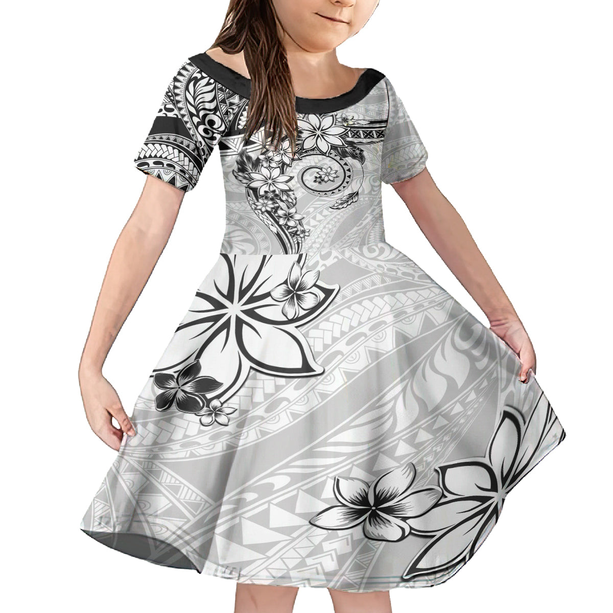 Polynesian Pattern With Plumeria Flowers Family Matching Off The Shoulder Long Sleeve Dress and Hawaiian Shirt White