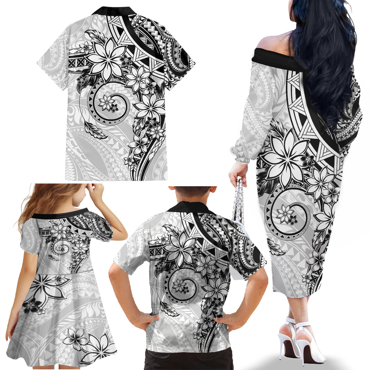 Polynesian Pattern With Plumeria Flowers Family Matching Off The Shoulder Long Sleeve Dress and Hawaiian Shirt White