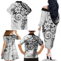 Polynesian Pattern With Plumeria Flowers Family Matching Off The Shoulder Long Sleeve Dress and Hawaiian Shirt White
