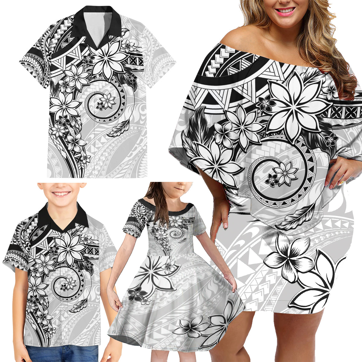 Polynesian Pattern With Plumeria Flowers Family Matching Off Shoulder Short Dress and Hawaiian Shirt White LT05 - Polynesian Pride