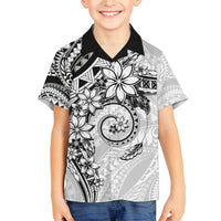 Polynesian Pattern With Plumeria Flowers Family Matching Off Shoulder Short Dress and Hawaiian Shirt White