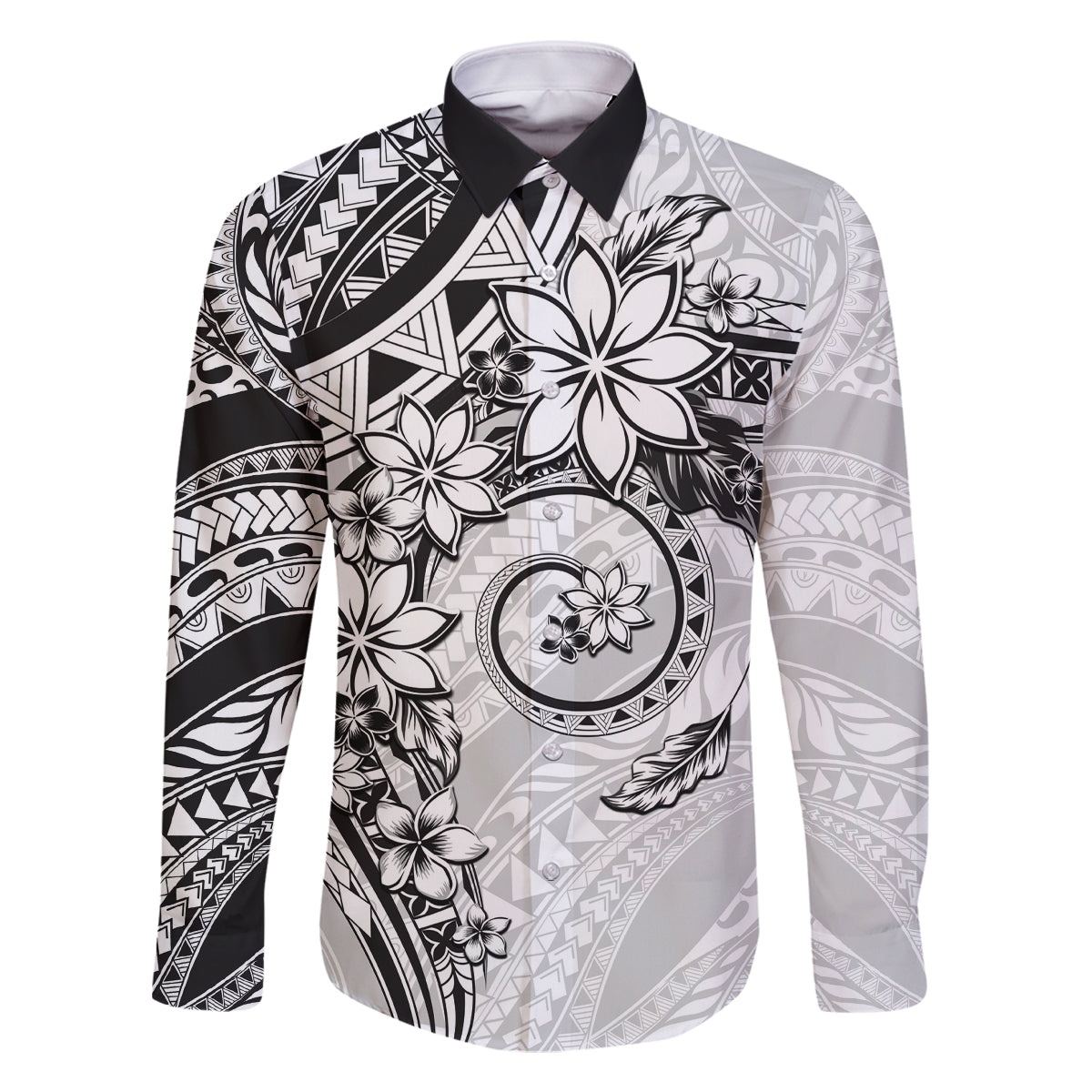 Polynesian Pattern With Plumeria Flowers Family Matching Tank Maxi Dress and Hawaiian Shirt White