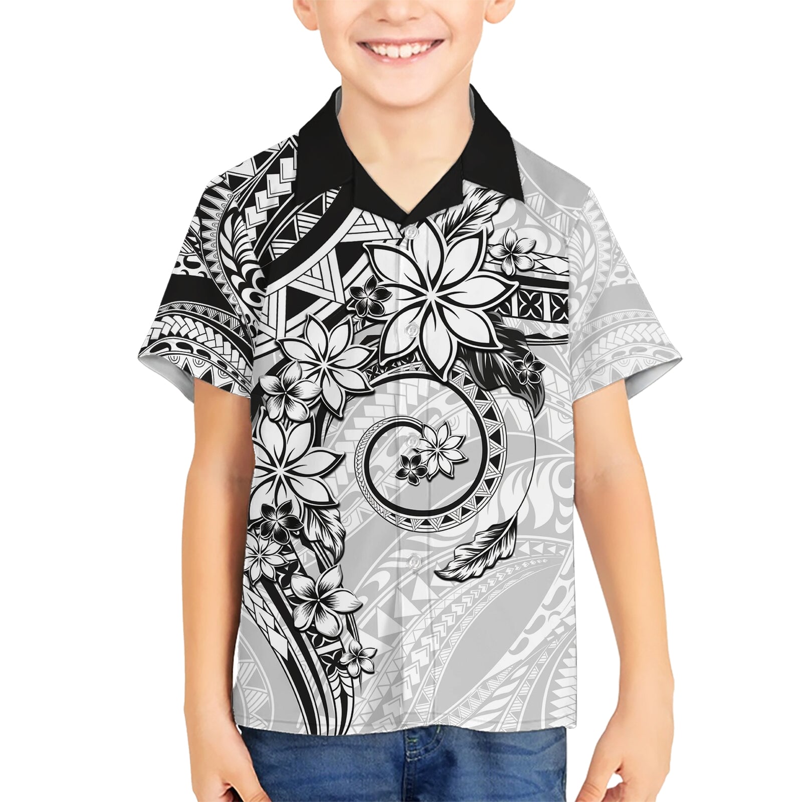 Polynesian Pattern With Plumeria Flowers Kid Hawaiian Shirt White LT05 Kid White - Polynesian Pride
