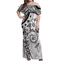 Polynesian Pattern With Plumeria Flowers Off Shoulder Maxi Dress White