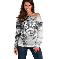 Polynesian Pattern With Plumeria Flowers Off Shoulder Sweater White