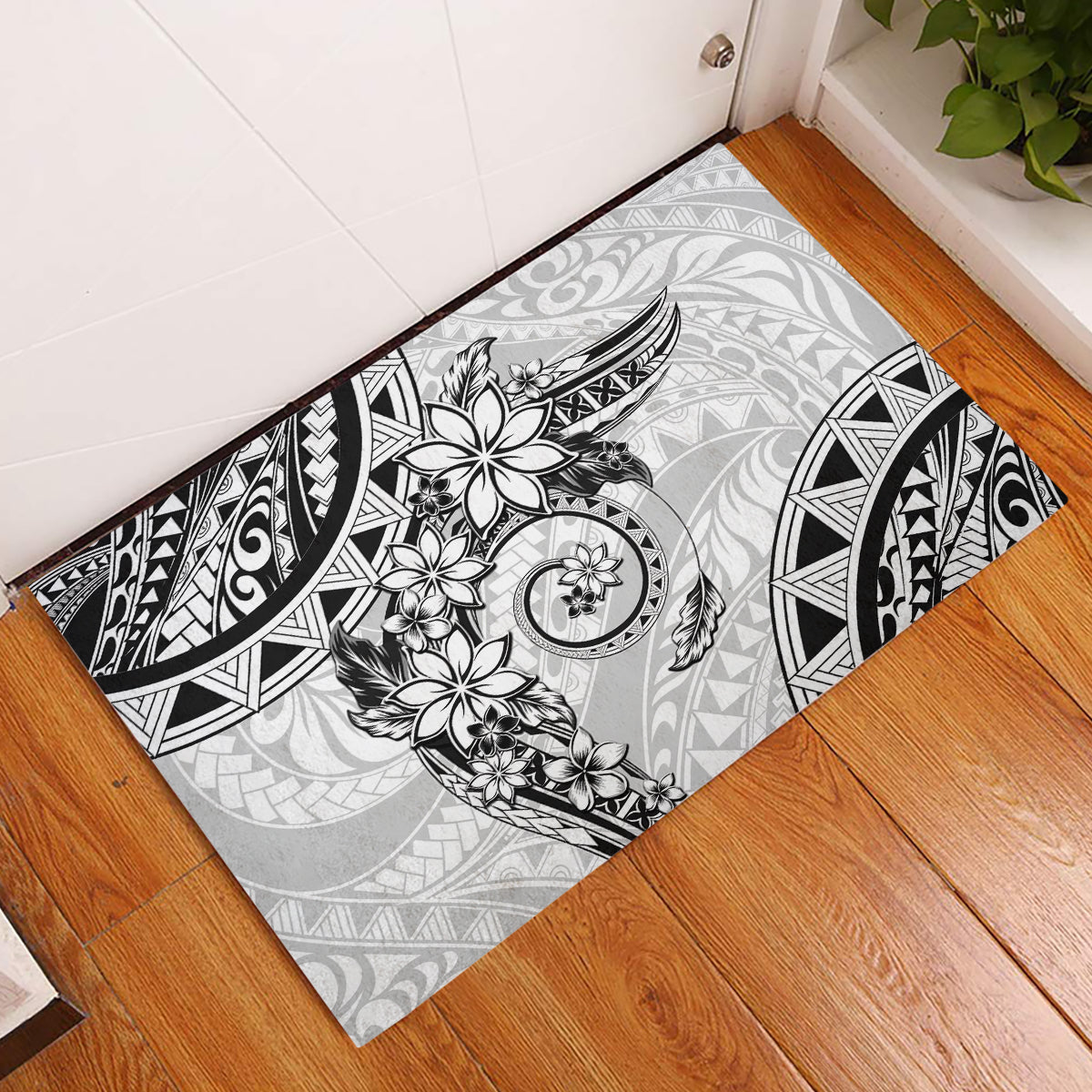Polynesian Pattern With Plumeria Flowers Rubber Doormat White LT05 White - Polynesian Pride