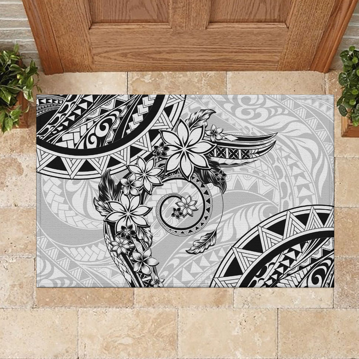 Polynesian Pattern With Plumeria Flowers Rubber Doormat White LT05 - Polynesian Pride