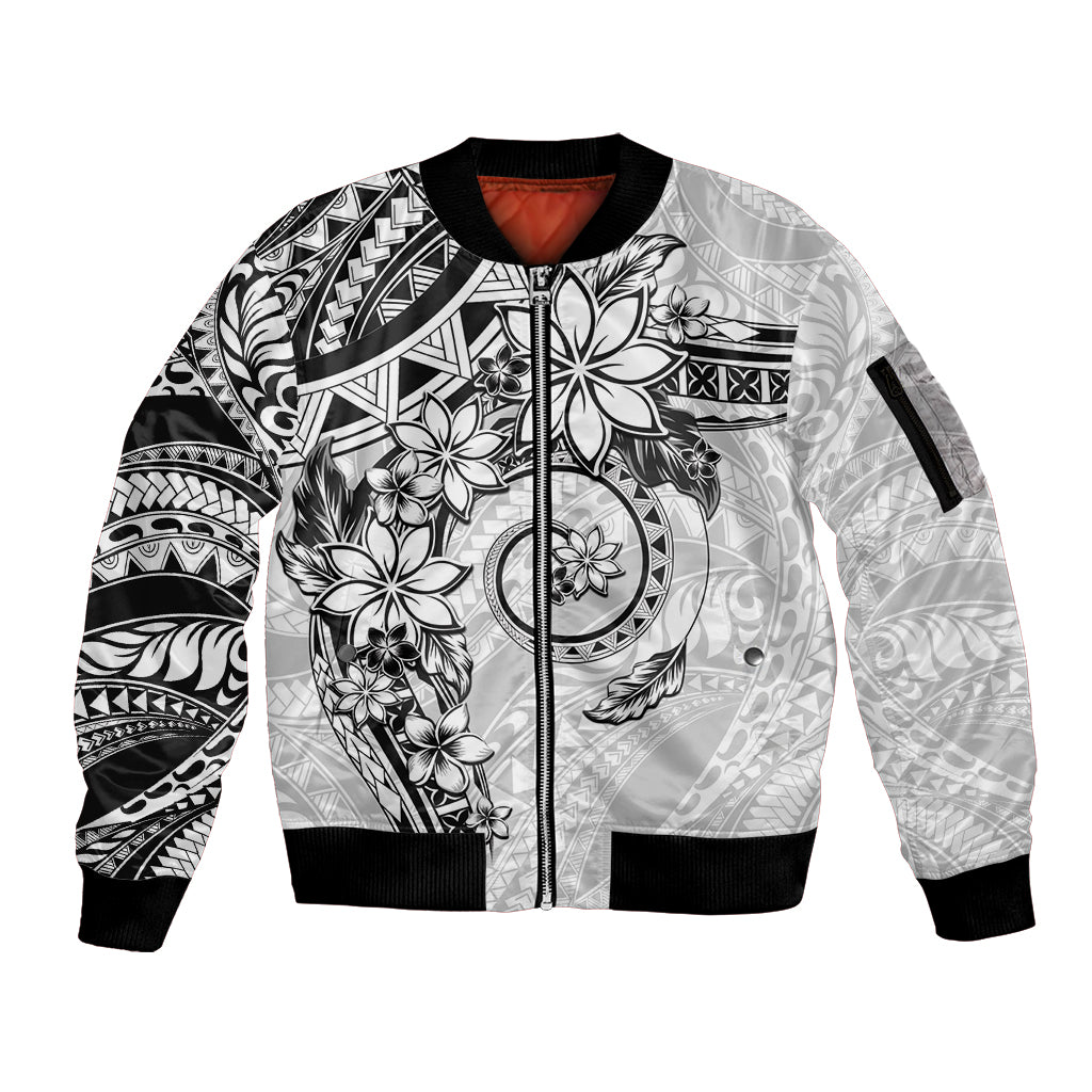 Polynesian Pattern With Plumeria Flowers Sleeve Zip Bomber Jacket White