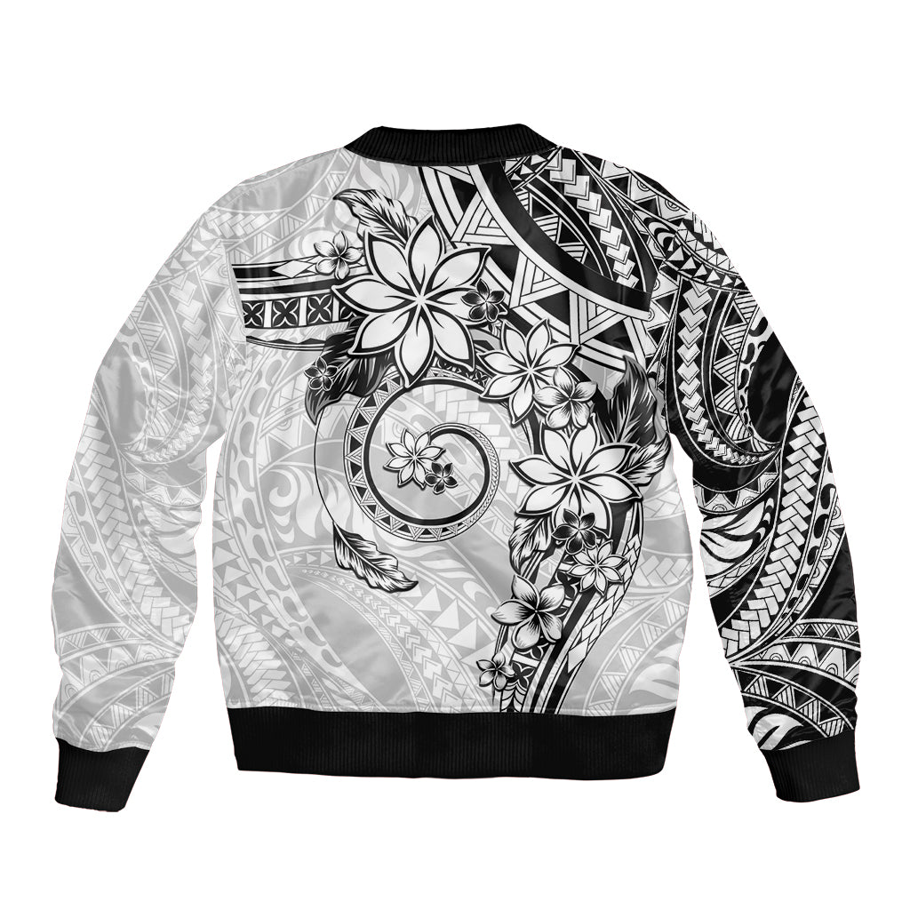 Polynesian Pattern With Plumeria Flowers Sleeve Zip Bomber Jacket White