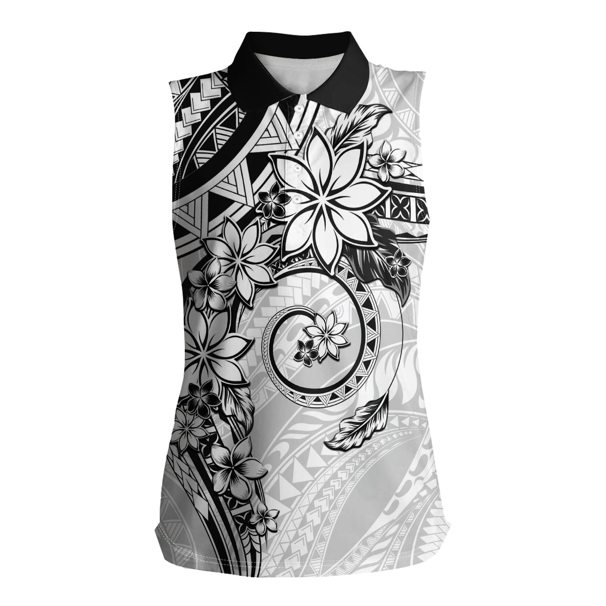 Polynesian Pattern With Plumeria Flowers Women Sleeveless Polo Shirt White