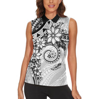 Polynesian Pattern With Plumeria Flowers Women Sleeveless Polo Shirt White