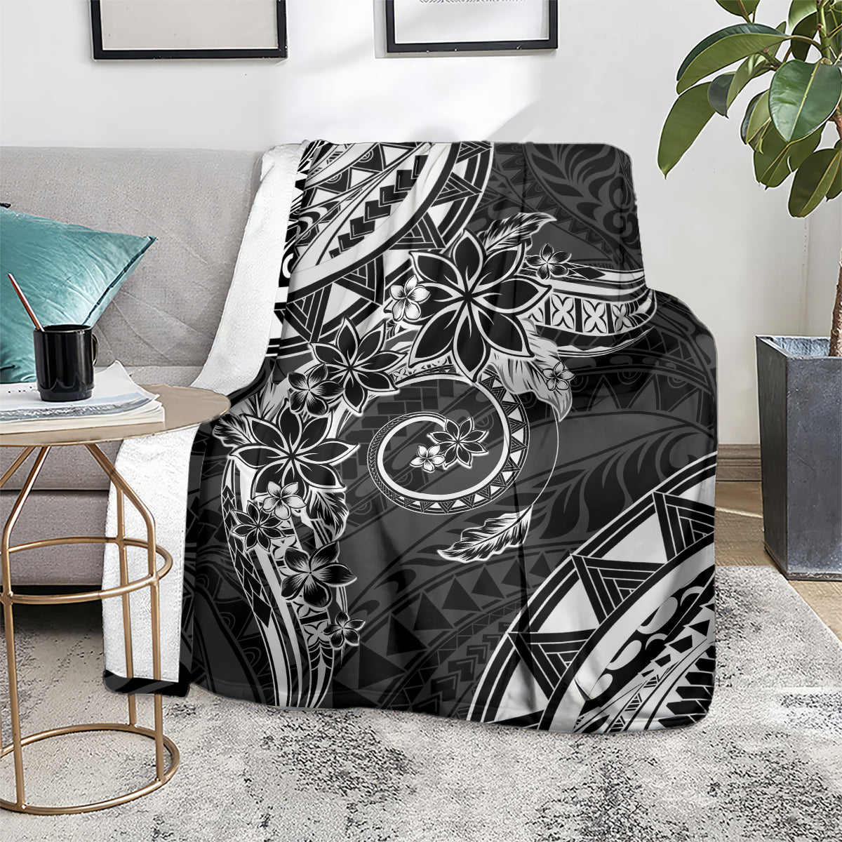 Polynesian Pattern With Plumeria Flowers Blanket Black
