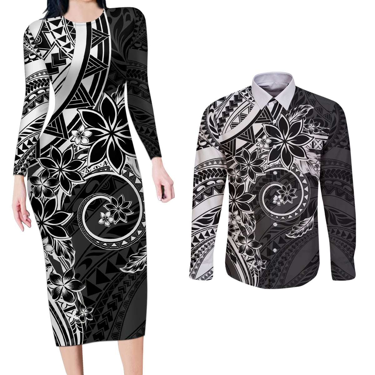 Polynesian Pattern With Plumeria Flowers Couples Matching Long Sleeve Bodycon Dress and Long Sleeve Button Shirt Black