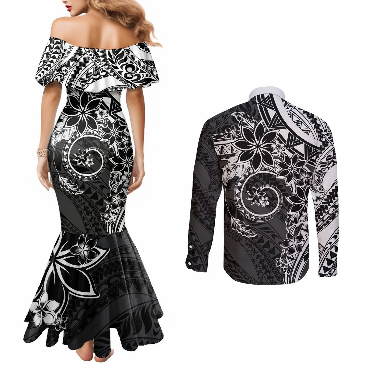 Polynesian Pattern With Plumeria Flowers Couples Matching Mermaid Dress and Long Sleeve Button Shirt Black
