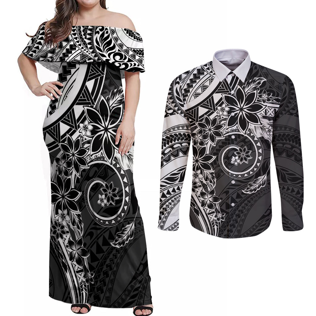 Polynesian Pattern With Plumeria Flowers Couples Matching Off Shoulder Maxi Dress and Long Sleeve Button Shirt Black LT05 Black - Polynesian Pride