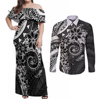 Polynesian Pattern With Plumeria Flowers Couples Matching Off Shoulder Maxi Dress and Long Sleeve Button Shirt Black LT05 Black - Polynesian Pride