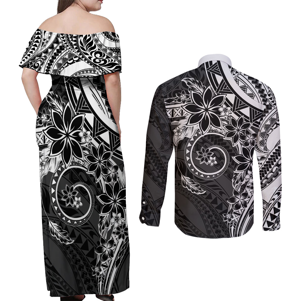 Polynesian Pattern With Plumeria Flowers Couples Matching Off Shoulder Maxi Dress and Long Sleeve Button Shirt Black LT05 - Polynesian Pride