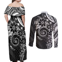 Polynesian Pattern With Plumeria Flowers Couples Matching Off Shoulder Maxi Dress and Long Sleeve Button Shirt Black LT05 - Polynesian Pride