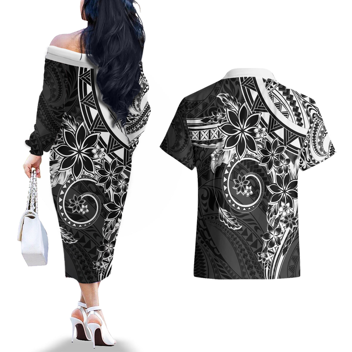 Polynesian Pattern With Plumeria Flowers Couples Matching Off The Shoulder Long Sleeve Dress and Hawaiian Shirt Black