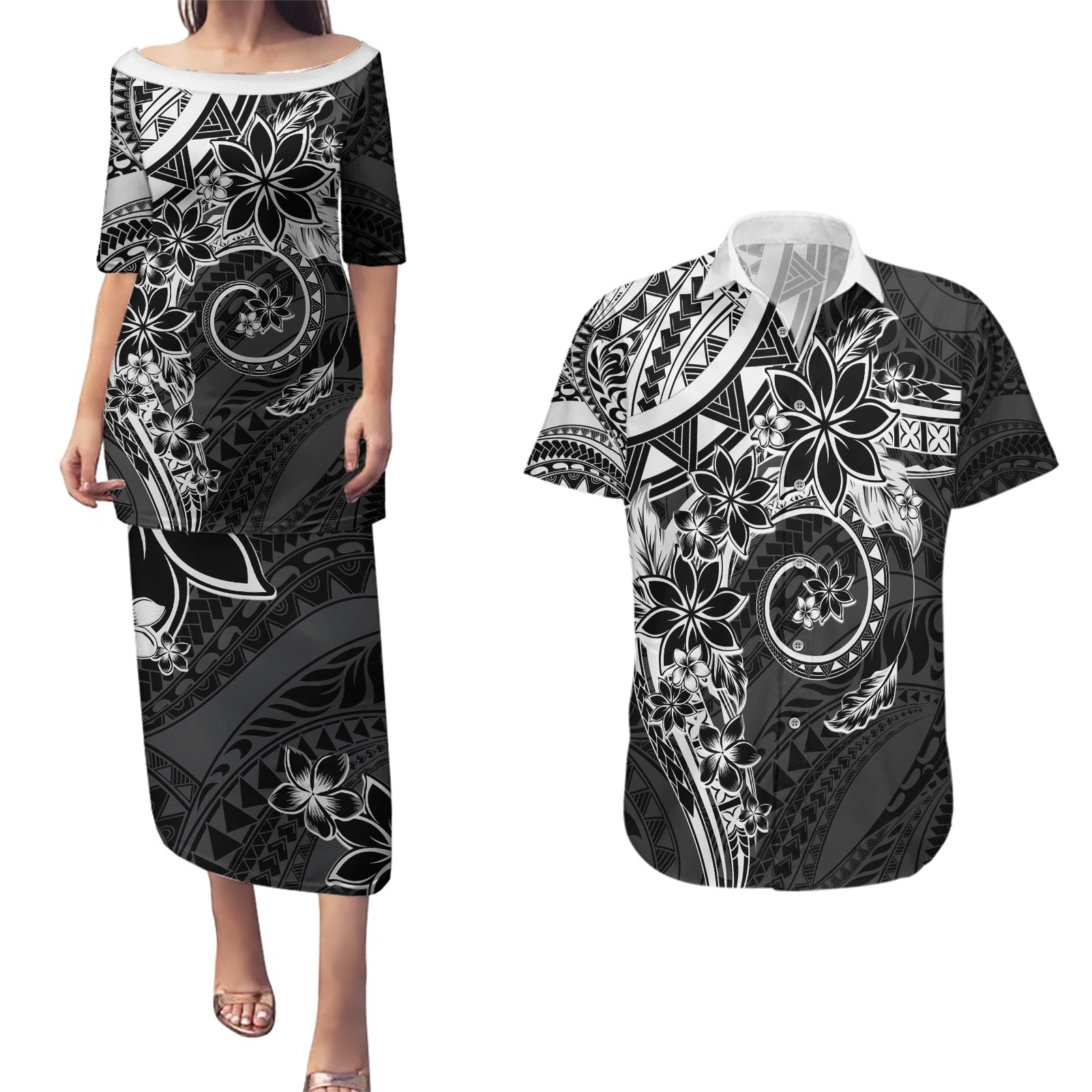 Polynesian Pattern With Plumeria Flowers Couples Matching Puletasi and Hawaiian Shirt Black