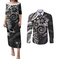 Polynesian Pattern With Plumeria Flowers Couples Matching Puletasi and Long Sleeve Button Shirt Black