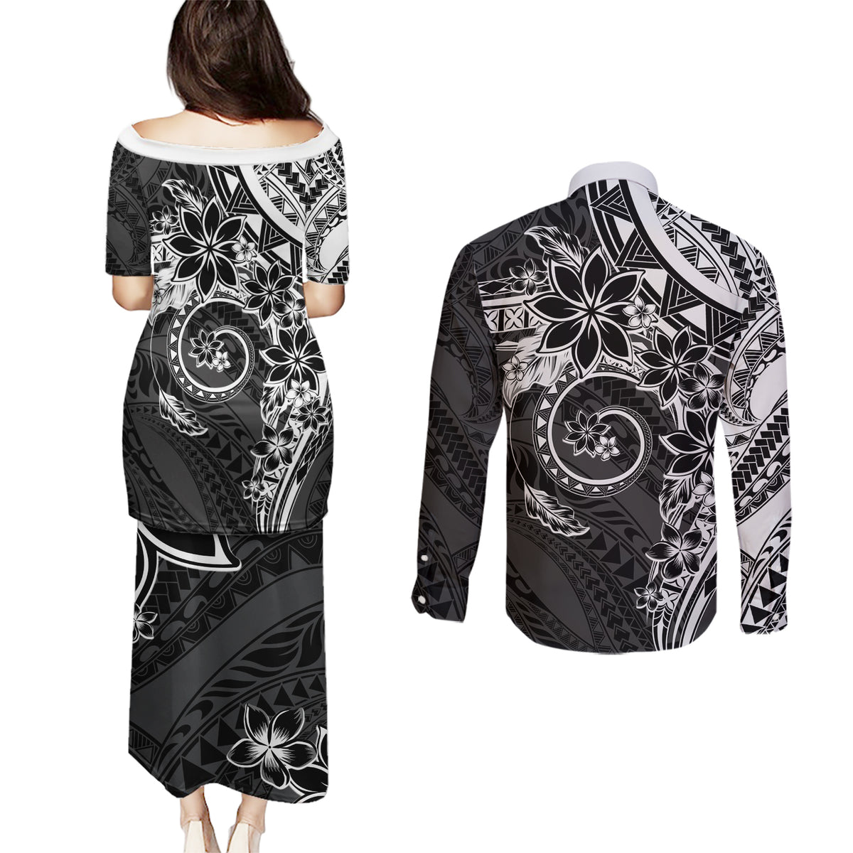 Polynesian Pattern With Plumeria Flowers Couples Matching Puletasi and Long Sleeve Button Shirt Black