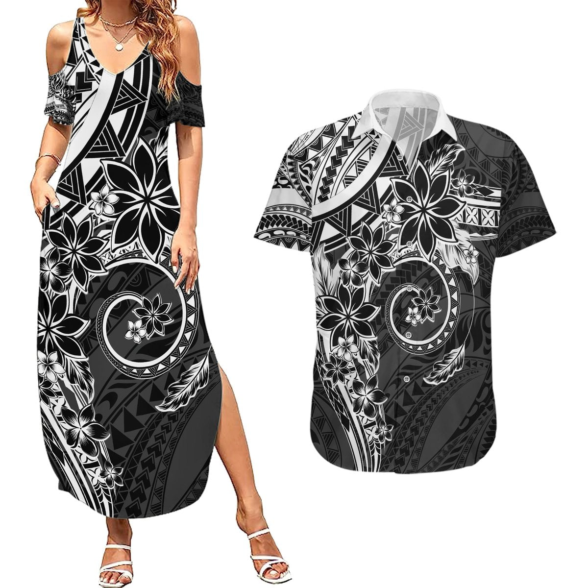 Polynesian Pattern With Plumeria Flowers Couples Matching Summer Maxi Dress and Hawaiian Shirt Black