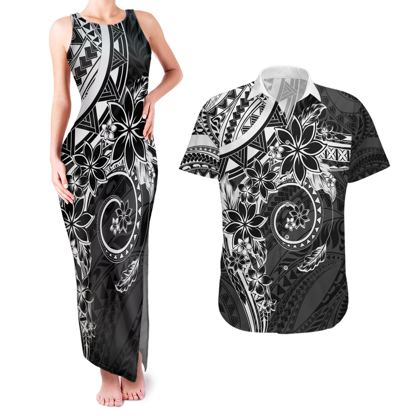 Polynesian Pattern With Plumeria Flowers Couples Matching Tank Maxi Dress and Hawaiian Shirt Black LT05 Black - Polynesian Pride