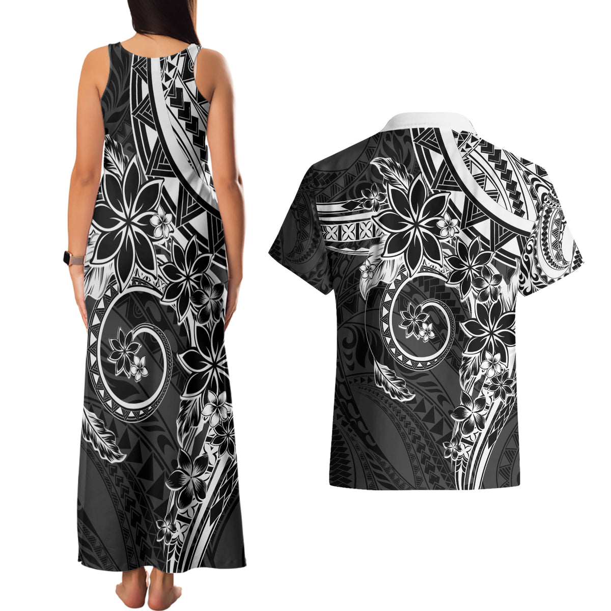 Polynesian Pattern With Plumeria Flowers Couples Matching Tank Maxi Dress and Hawaiian Shirt Black