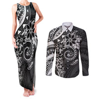 Polynesian Pattern With Plumeria Flowers Couples Matching Tank Maxi Dress and Long Sleeve Button Shirt Black