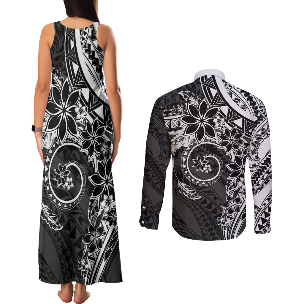Polynesian Pattern With Plumeria Flowers Couples Matching Tank Maxi Dress and Long Sleeve Button Shirt Black