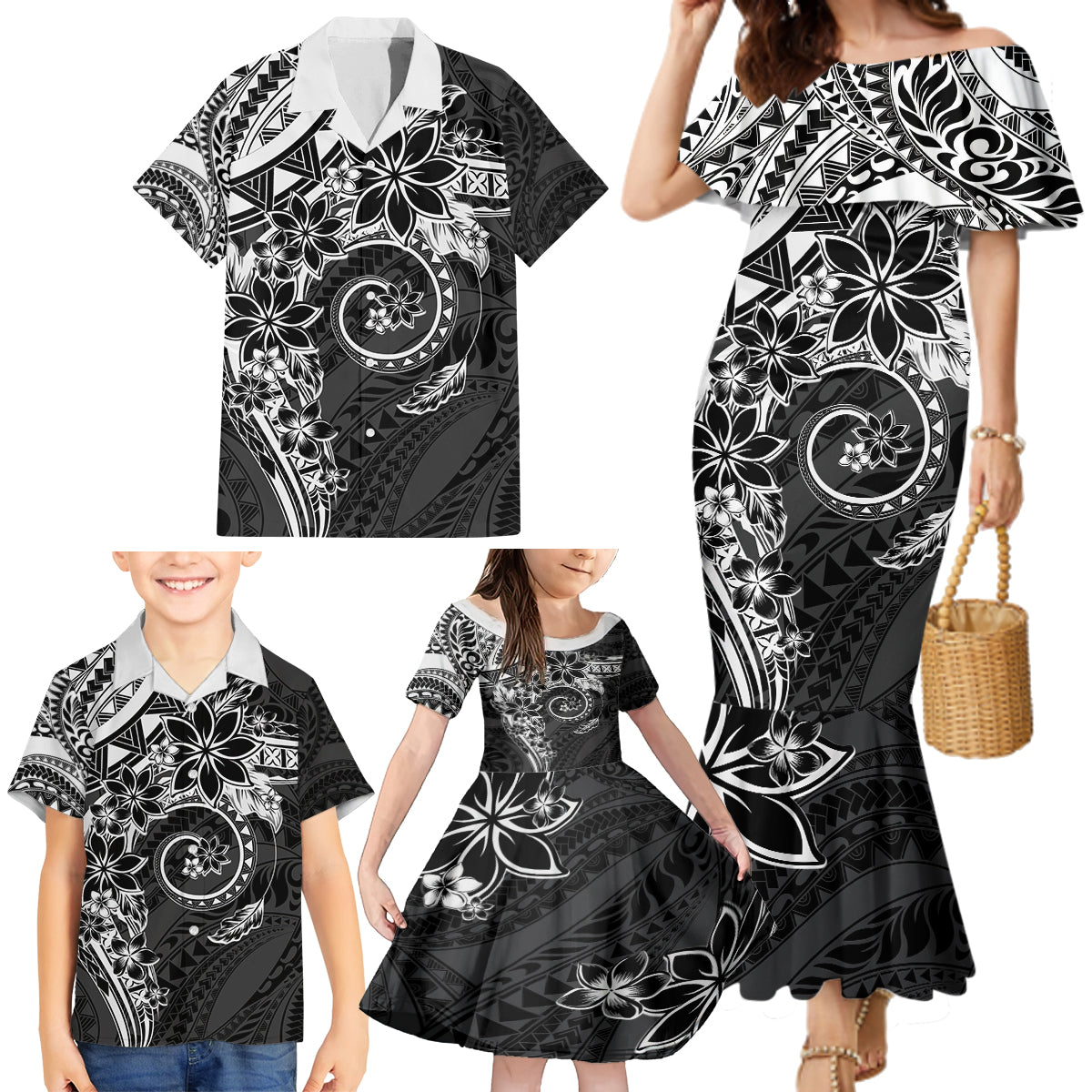 Polynesian Pattern With Plumeria Flowers Family Matching Mermaid Dress and Hawaiian Shirt Black