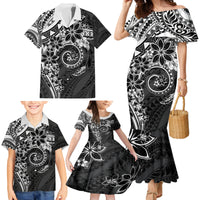 Polynesian Pattern With Plumeria Flowers Family Matching Mermaid Dress and Hawaiian Shirt Black