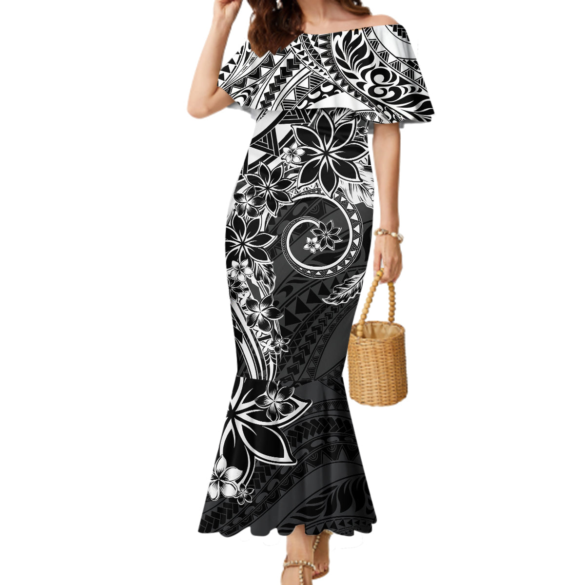 Polynesian Pattern With Plumeria Flowers Family Matching Mermaid Dress and Hawaiian Shirt Black