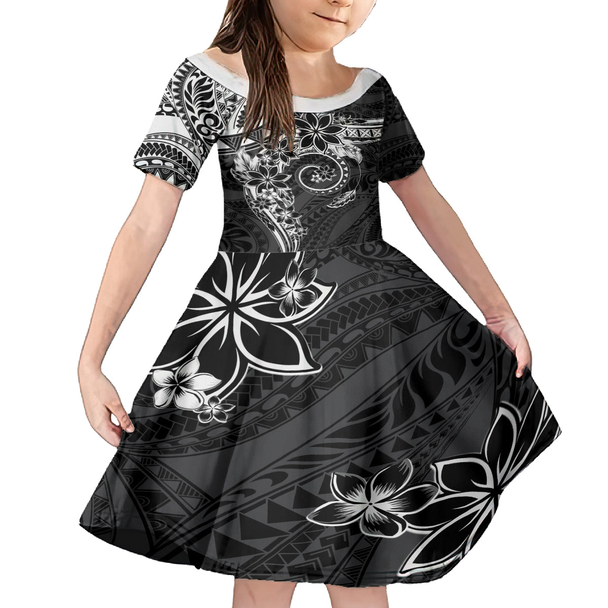 Polynesian Pattern With Plumeria Flowers Family Matching Off The Shoulder Long Sleeve Dress and Hawaiian Shirt Black