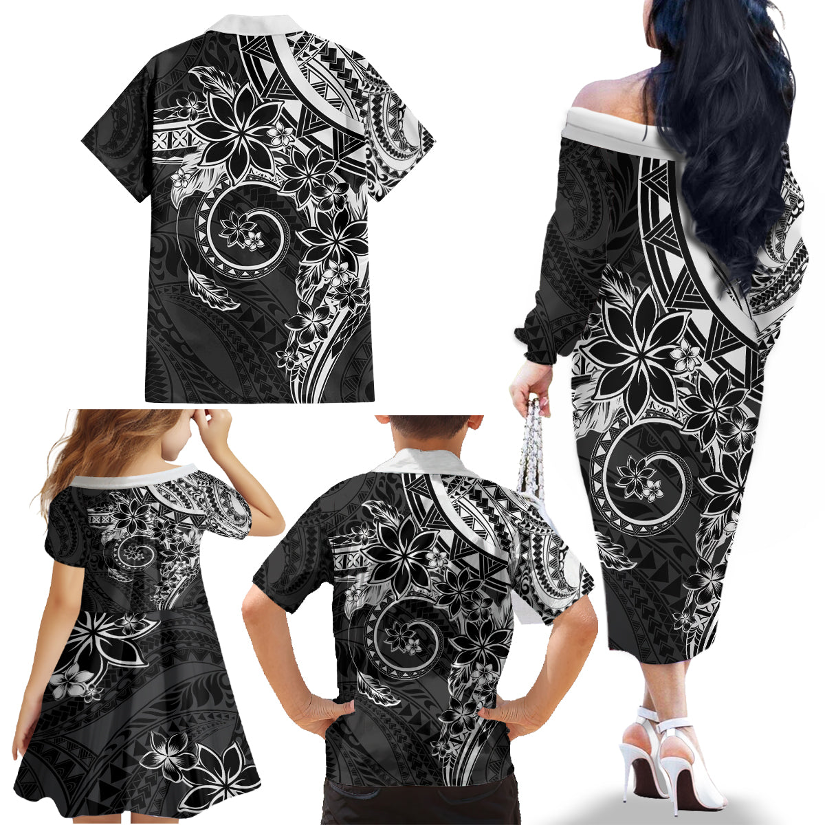 Polynesian Pattern With Plumeria Flowers Family Matching Off The Shoulder Long Sleeve Dress and Hawaiian Shirt Black