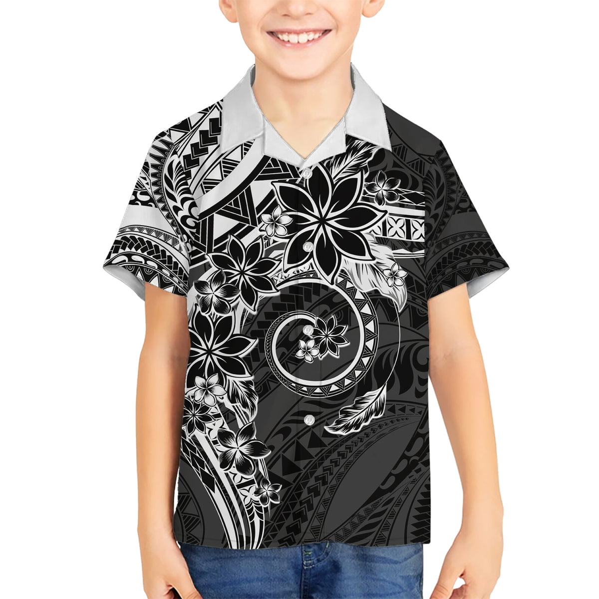 Polynesian Pattern With Plumeria Flowers Kid Hawaiian Shirt Black LT05 Kid Black - Polynesian Pride
