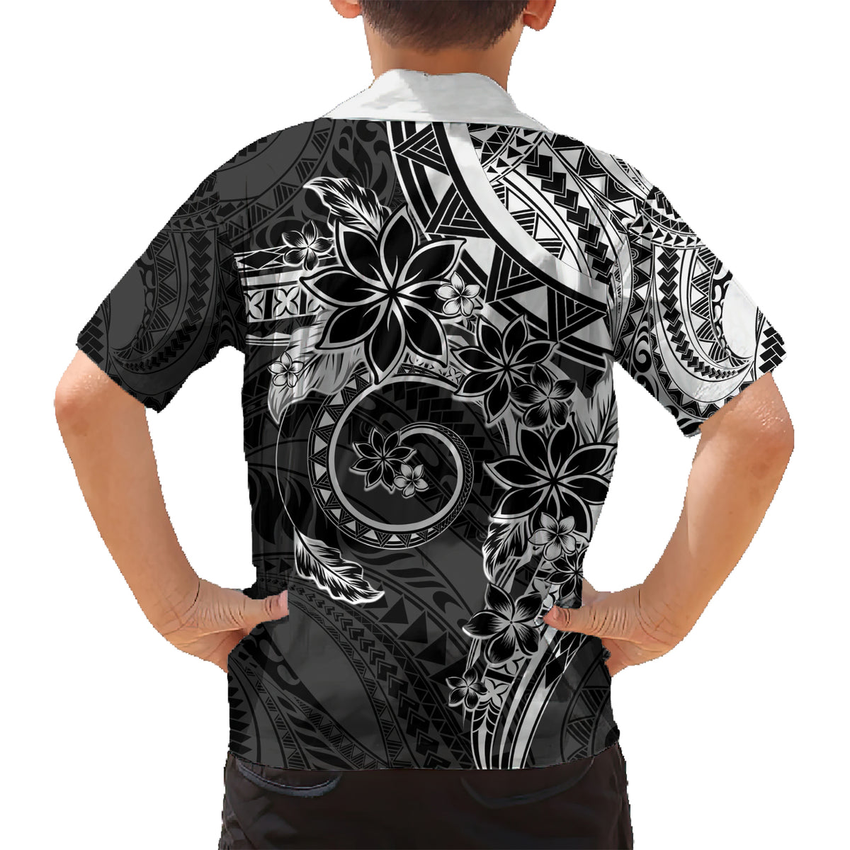 Polynesian Pattern With Plumeria Flowers Kid Hawaiian Shirt Black LT05 - Polynesian Pride