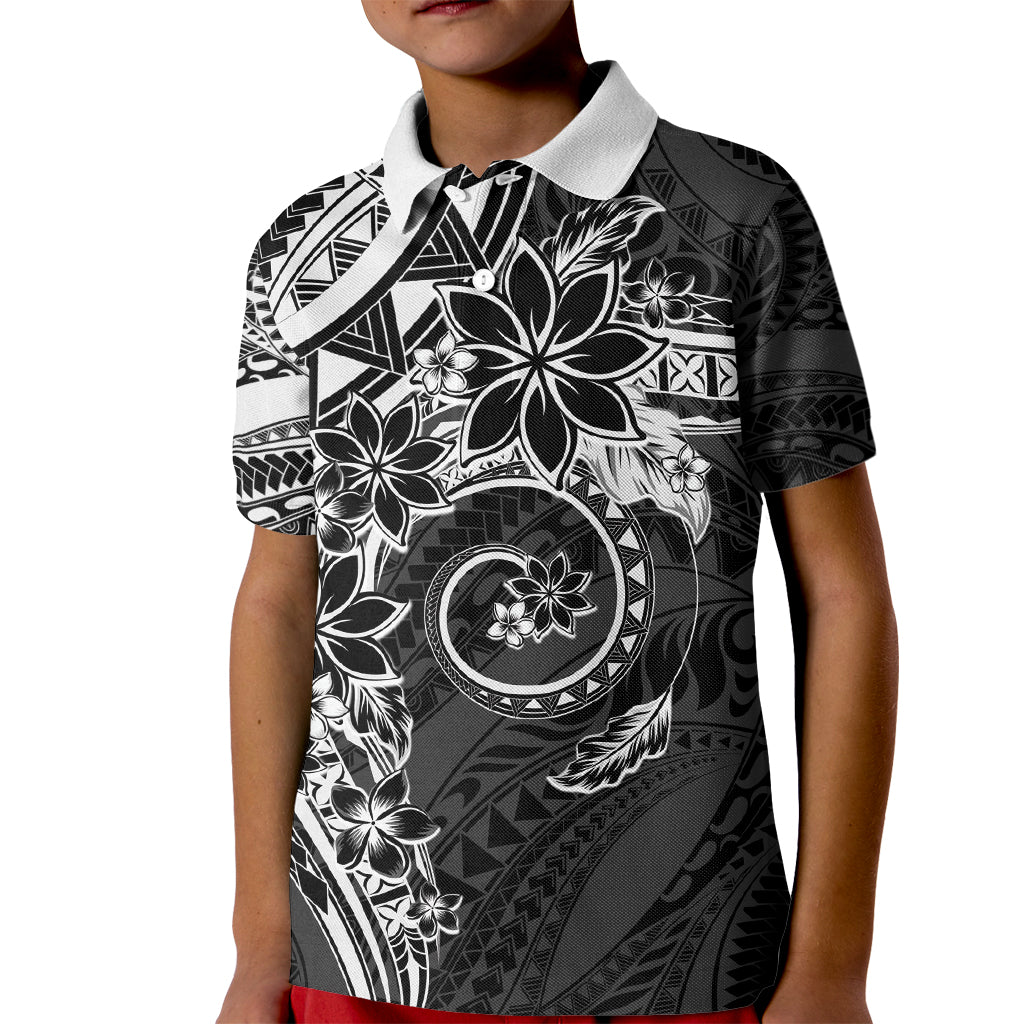 Polynesian Pattern With Plumeria Flowers Kid Polo Shirt Black