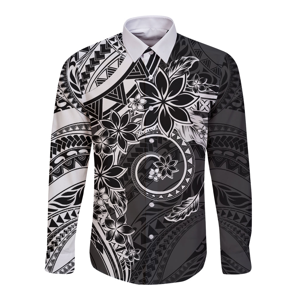 Polynesian Pattern With Plumeria Flowers Long Sleeve Button Shirt Black LT05 Unisex Black - Polynesian Pride