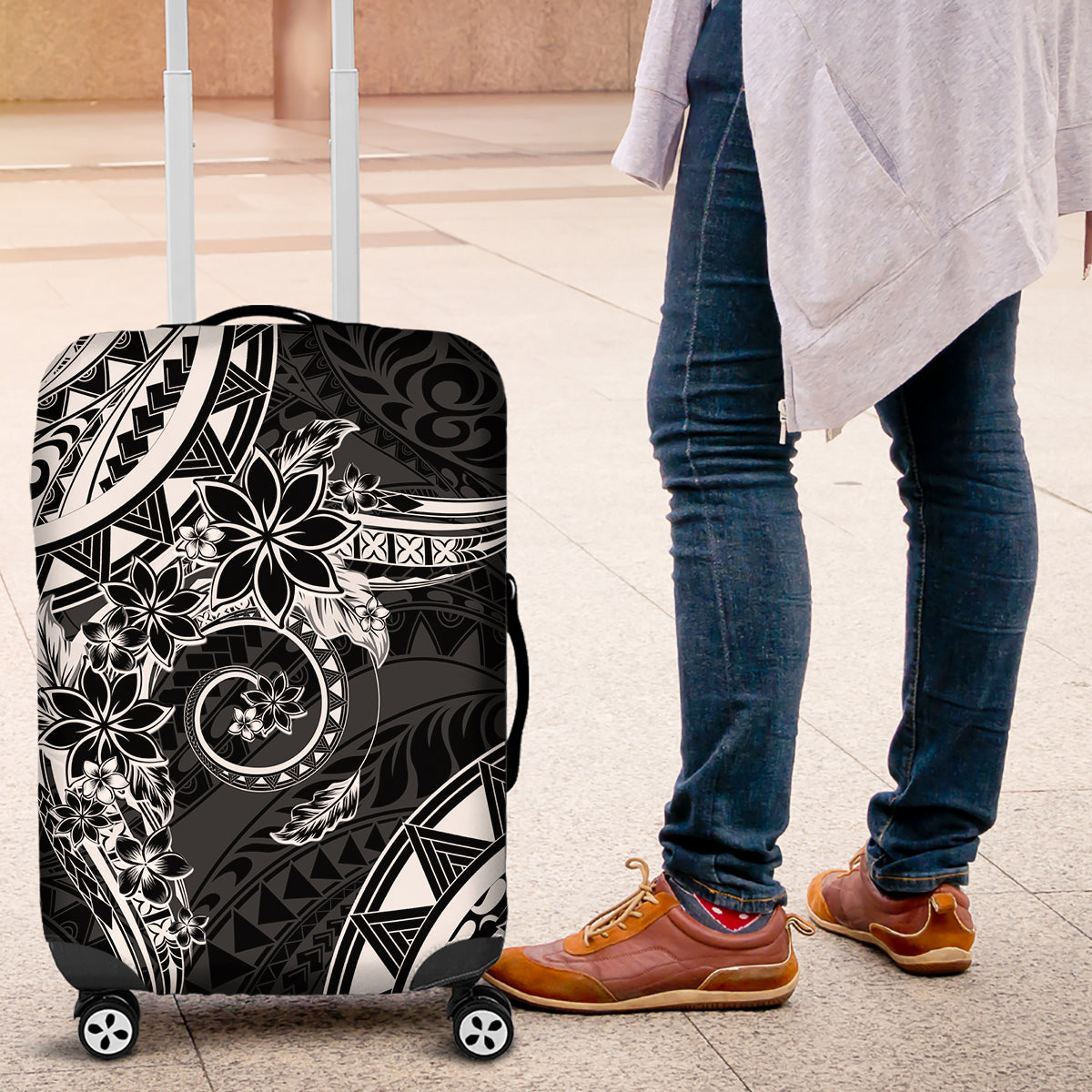 Polynesian Pattern With Plumeria Flowers Luggage Cover Black LT05 Black - Polynesian Pride