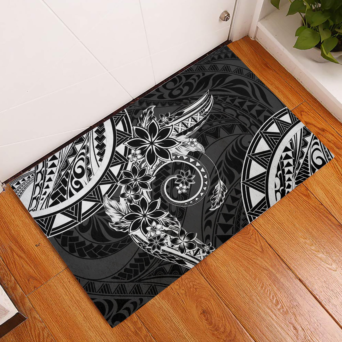 Polynesian Pattern With Plumeria Flowers Rubber Doormat Black LT05 Black - Polynesian Pride