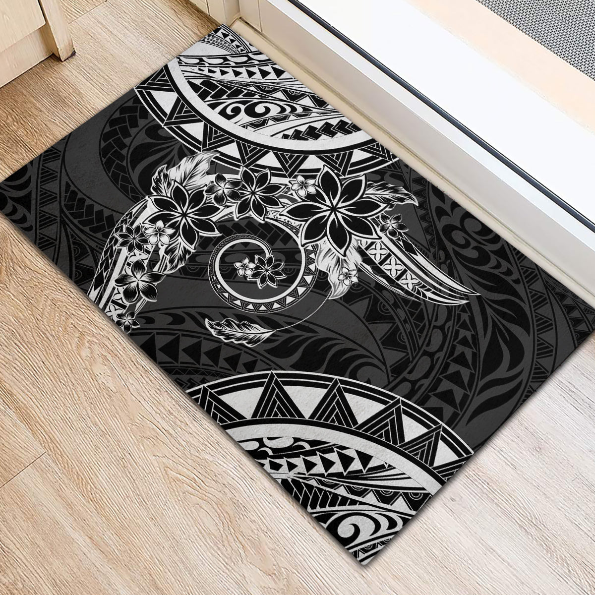 Polynesian Pattern With Plumeria Flowers Rubber Doormat Black LT05 - Polynesian Pride