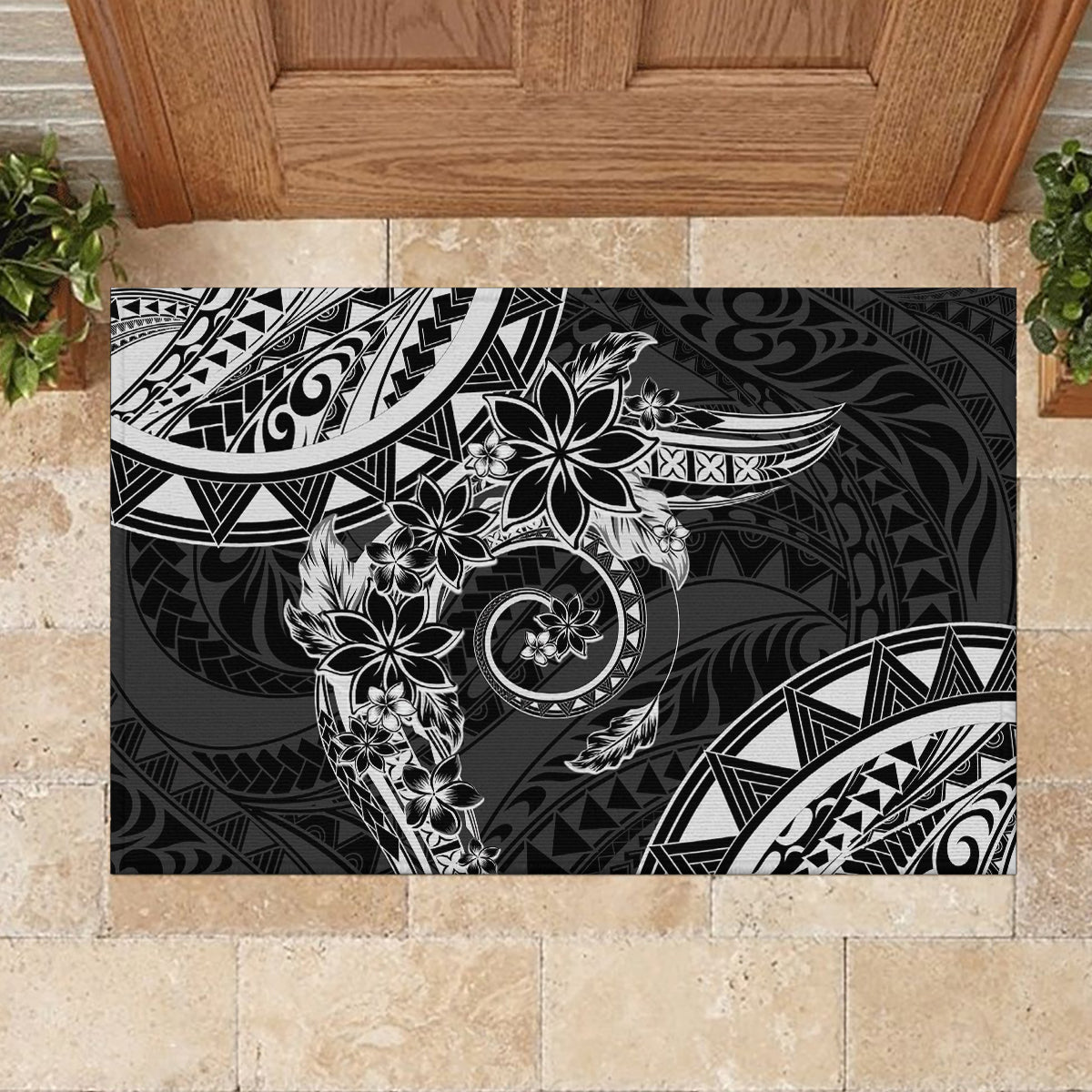 Polynesian Pattern With Plumeria Flowers Rubber Doormat Black LT05 - Polynesian Pride