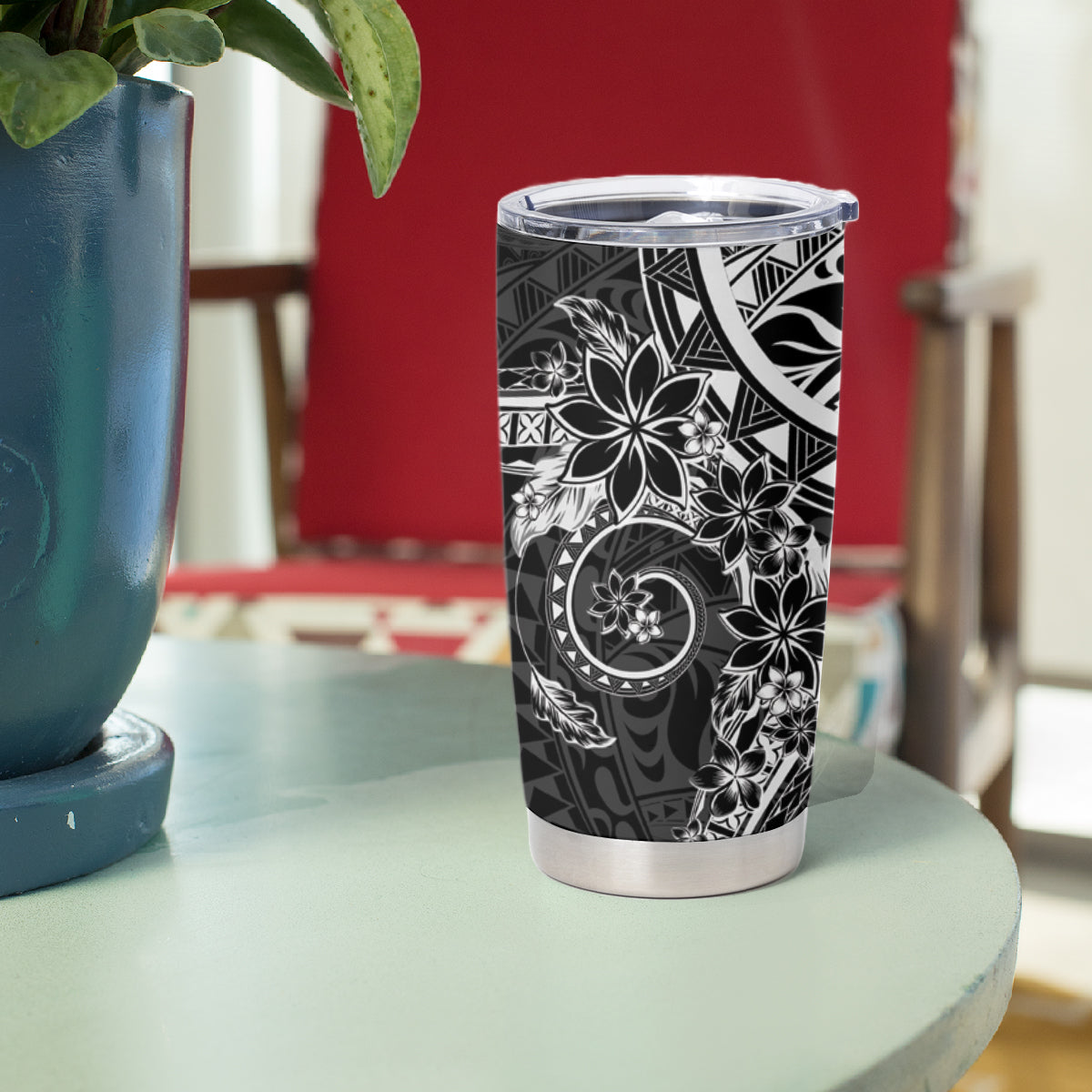 Black Polynesian Pattern With Plumeria Flowers Tumbler Cup