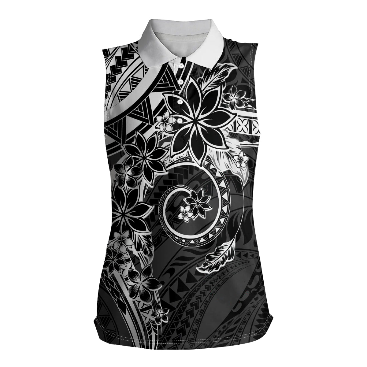 Polynesian Pattern With Plumeria Flowers Women Sleeveless Polo Shirt Black