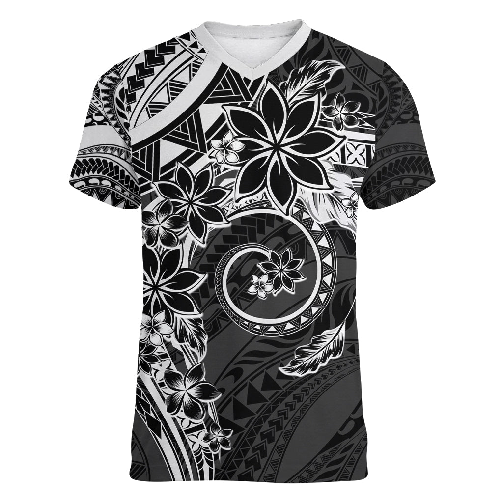 Polynesian Pattern With Plumeria Flowers Women V-Neck T-Shirt Black
