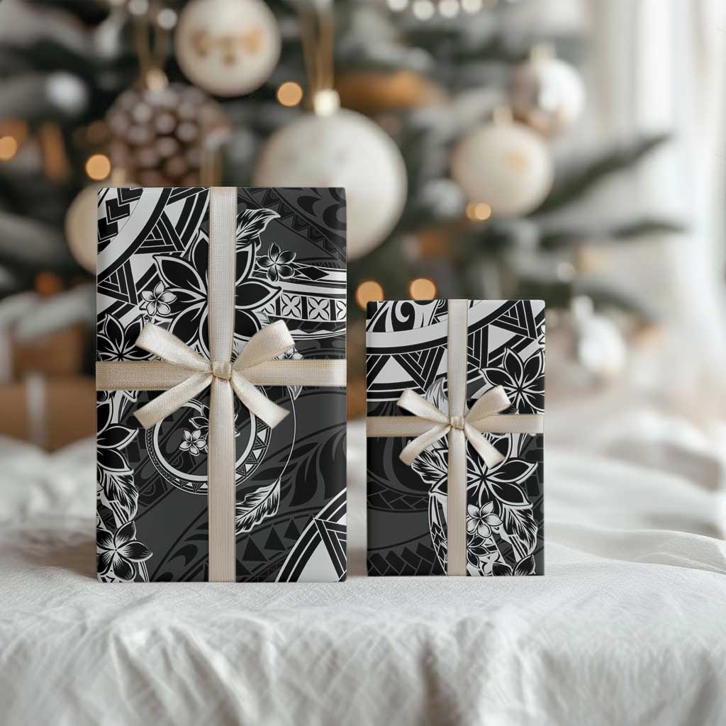 Polynesian Pattern With Plumeria Flowers Wrapping Paper Black - Polynesian Pride