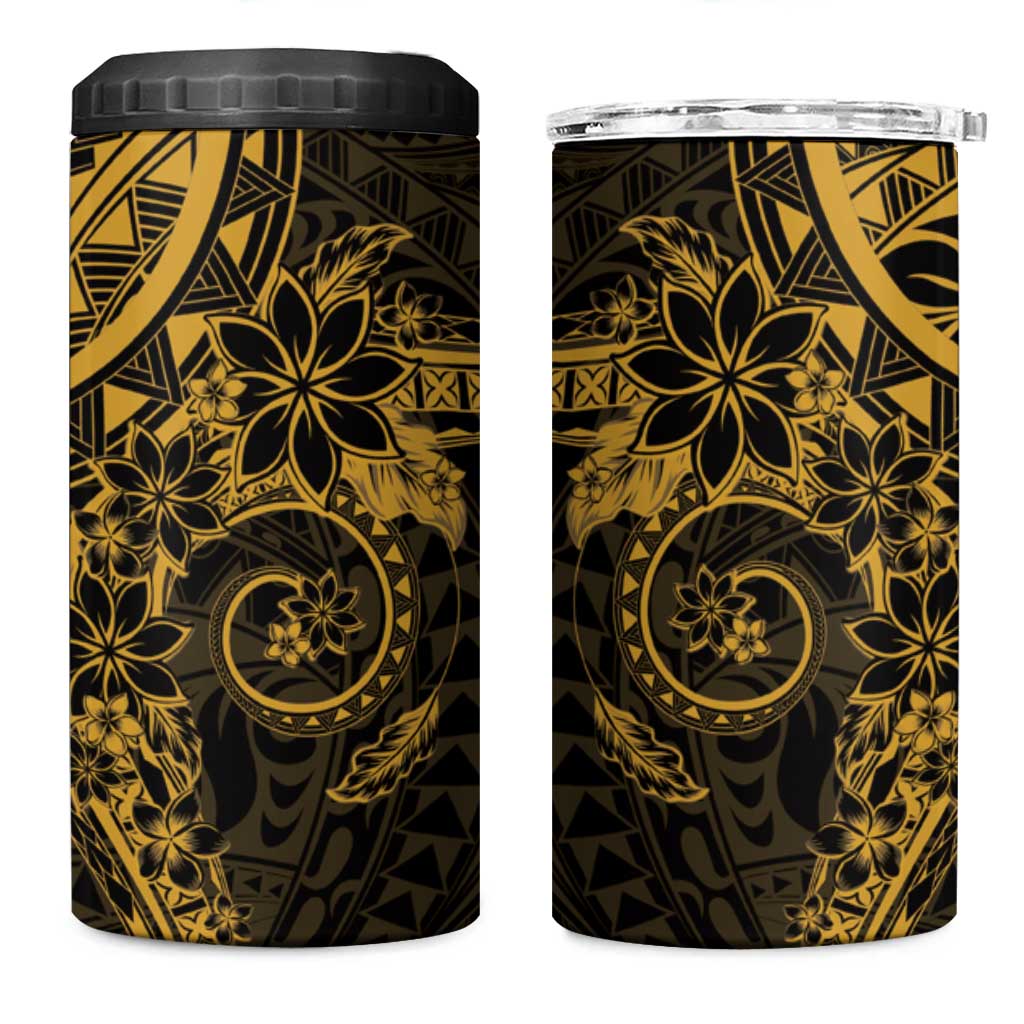 Gold Polynesian Pattern With Plumeria Flowers 4 in 1 Can Cooler Tumbler